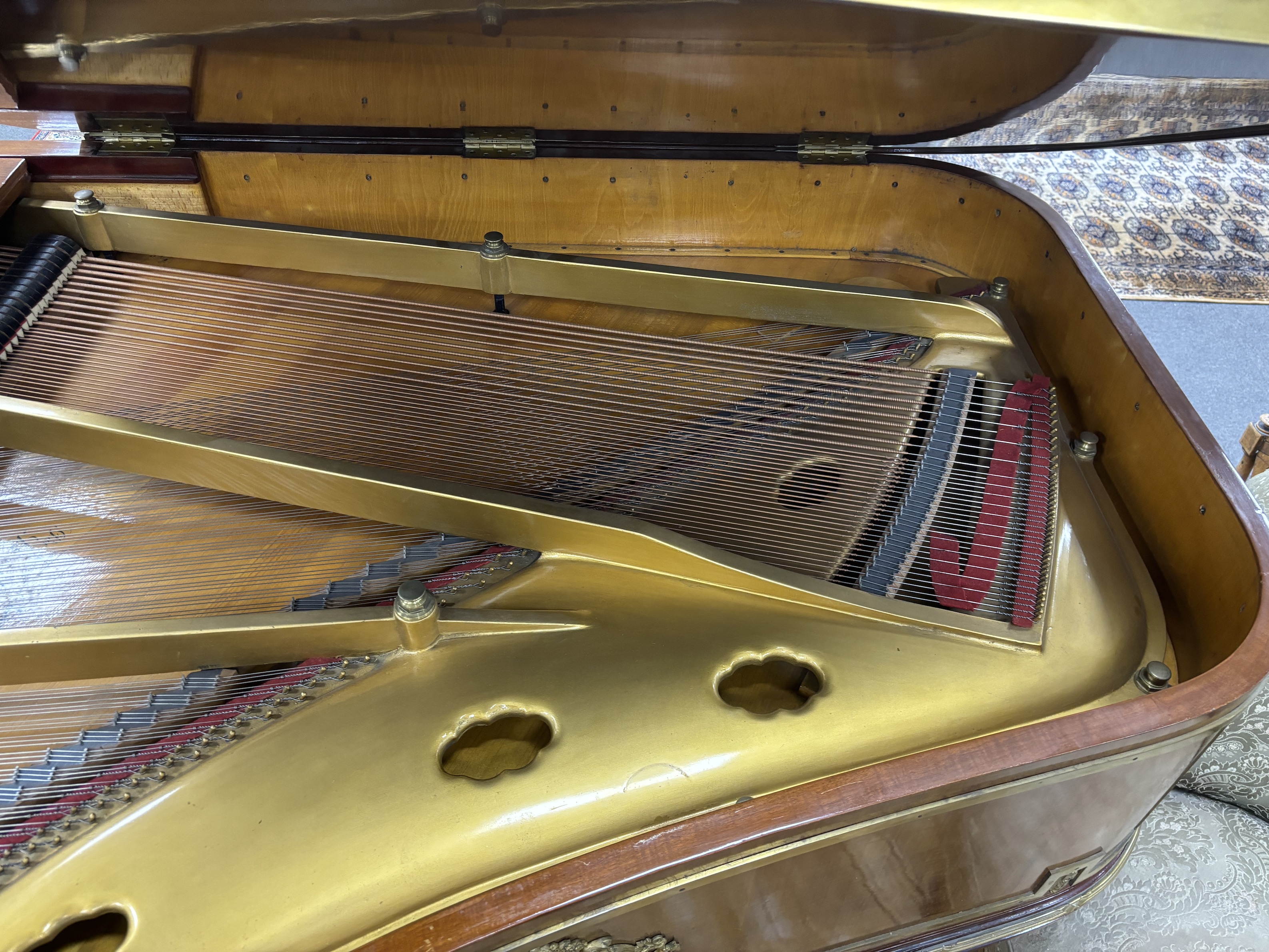 An Erard Louis XVI style mahogany and ormolu mounted boudoir grand piano, c1910 (ivory keys), length 180cm, depth 148cm, height 102cm together with a late Victorian mahogany duet piano stool, CITES Submission reference 5